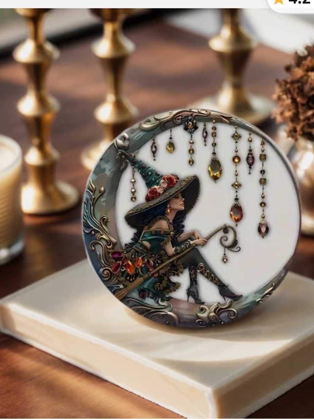 Witch on Crescent Moon Window Decor - Green and Gold B27 - Picture 4 of 8